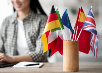 Woman working on laptop in background of vase of country flags